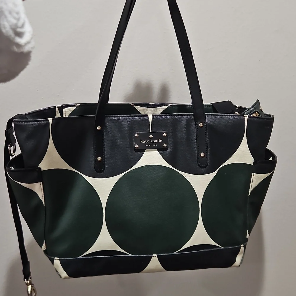 Kate Spade Dark Green & Cream Circle Diaper Tote with changing mat